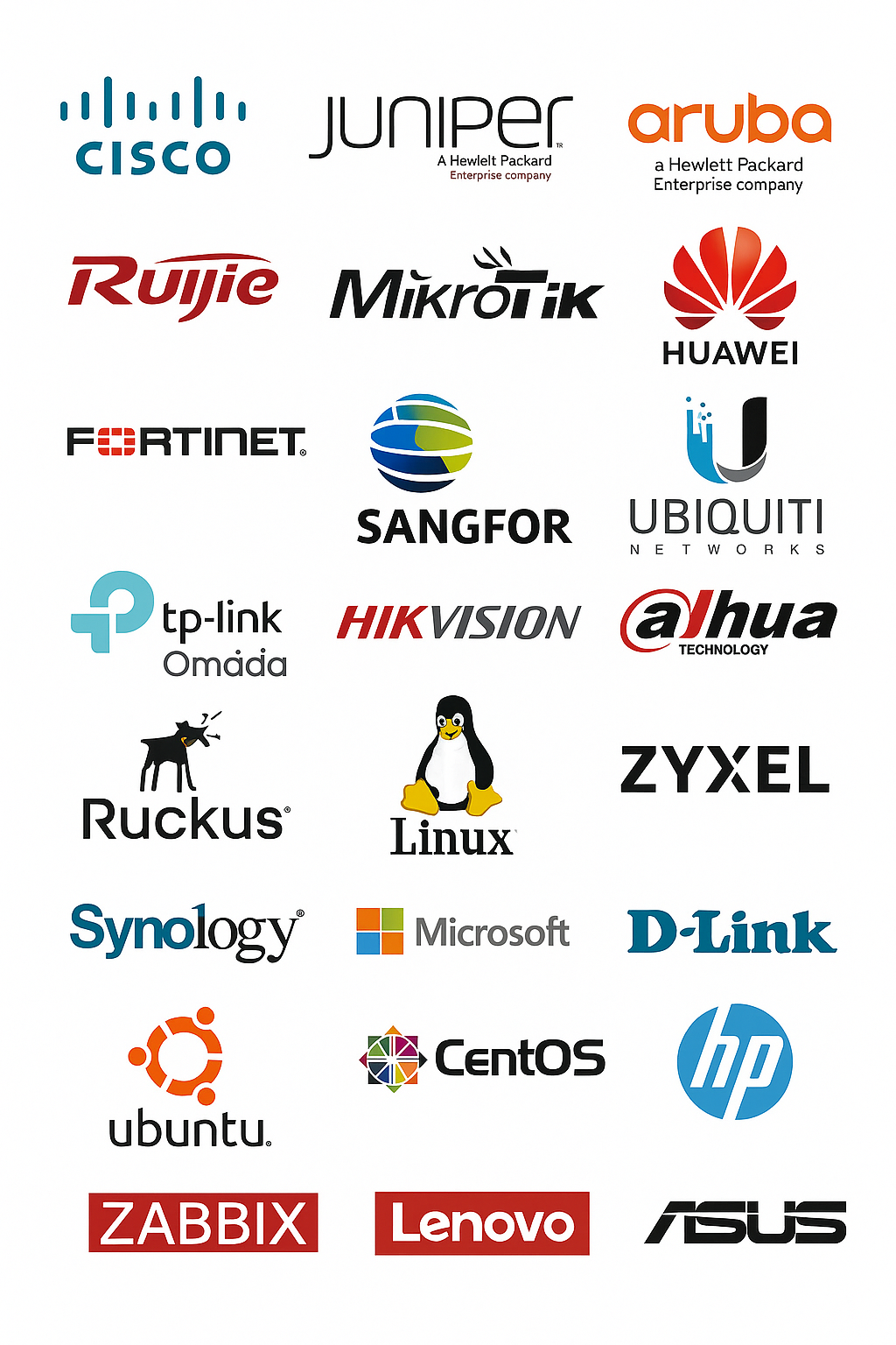 Cisco, Juniper, HPE Aruba, Huawei, Ruijie, Fortinet, Hillstone, Sangfor, Mikrotik, Ubiquiti, TP-Link, D-Link, Synology, Microsoft, Linux, Apple
